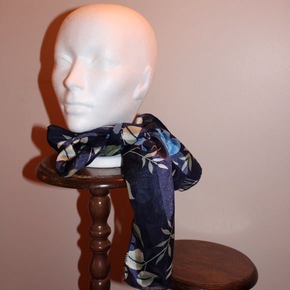 Vintage Navy Blue Floral Rose Print Rectangular Long Satin Scarf - Picture 4 of 4